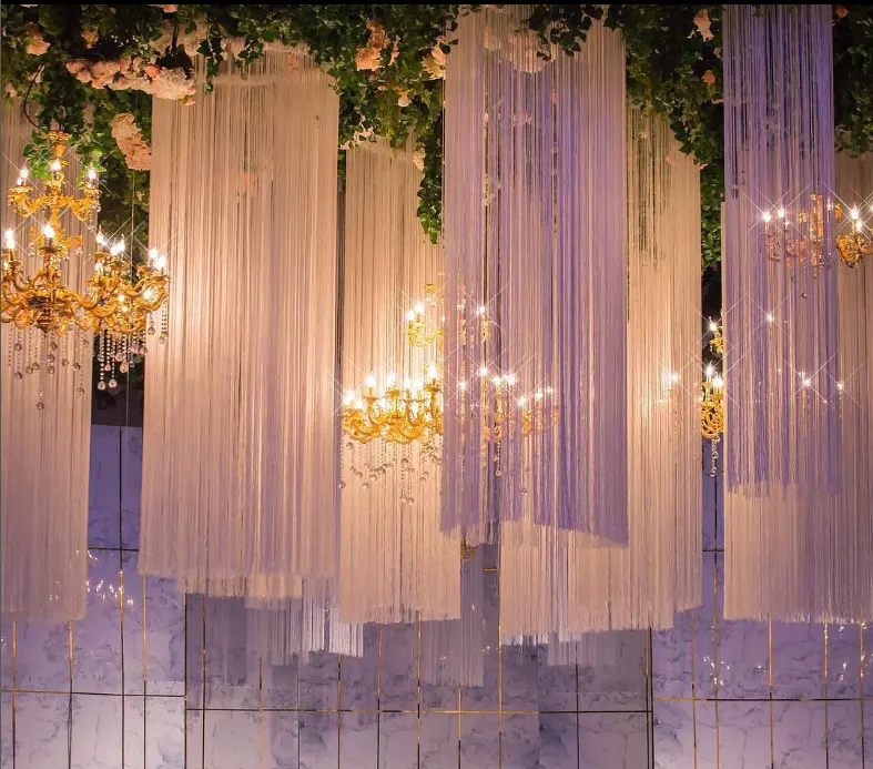 Tirai dekorasi pernikahan, gorden senar berkilau grosir, dekorasi langit-langit pernikahan
