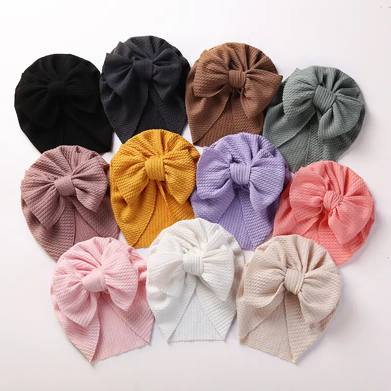 Malha Soft Fabric Solid Design Baby Knotted Hat Atacado Fancy Girls Bow Turbante Chapéus para Recém-nascidos