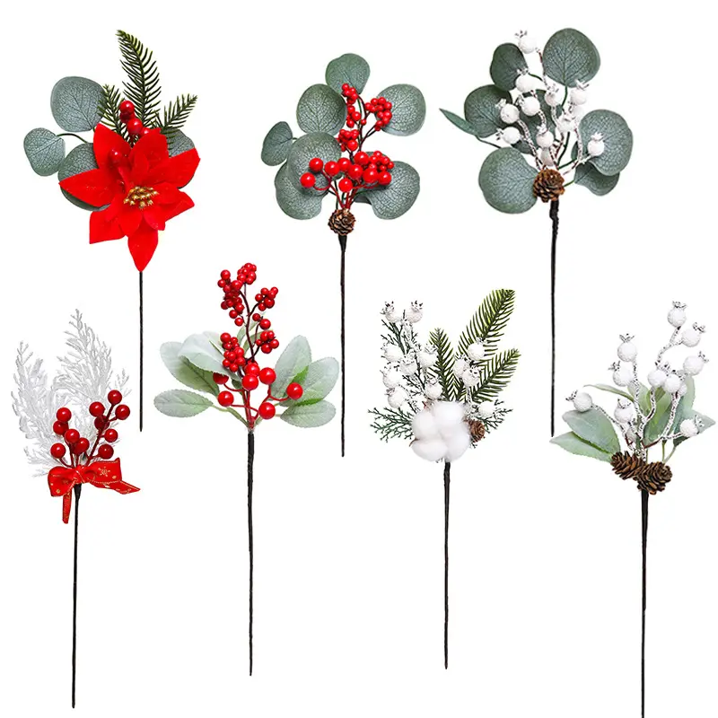 新しいデザインクリスマスシミュレーション人工シングルユーカリ赤いフルーツ花の枝クリスマスパーティーホームグリーン植物装飾