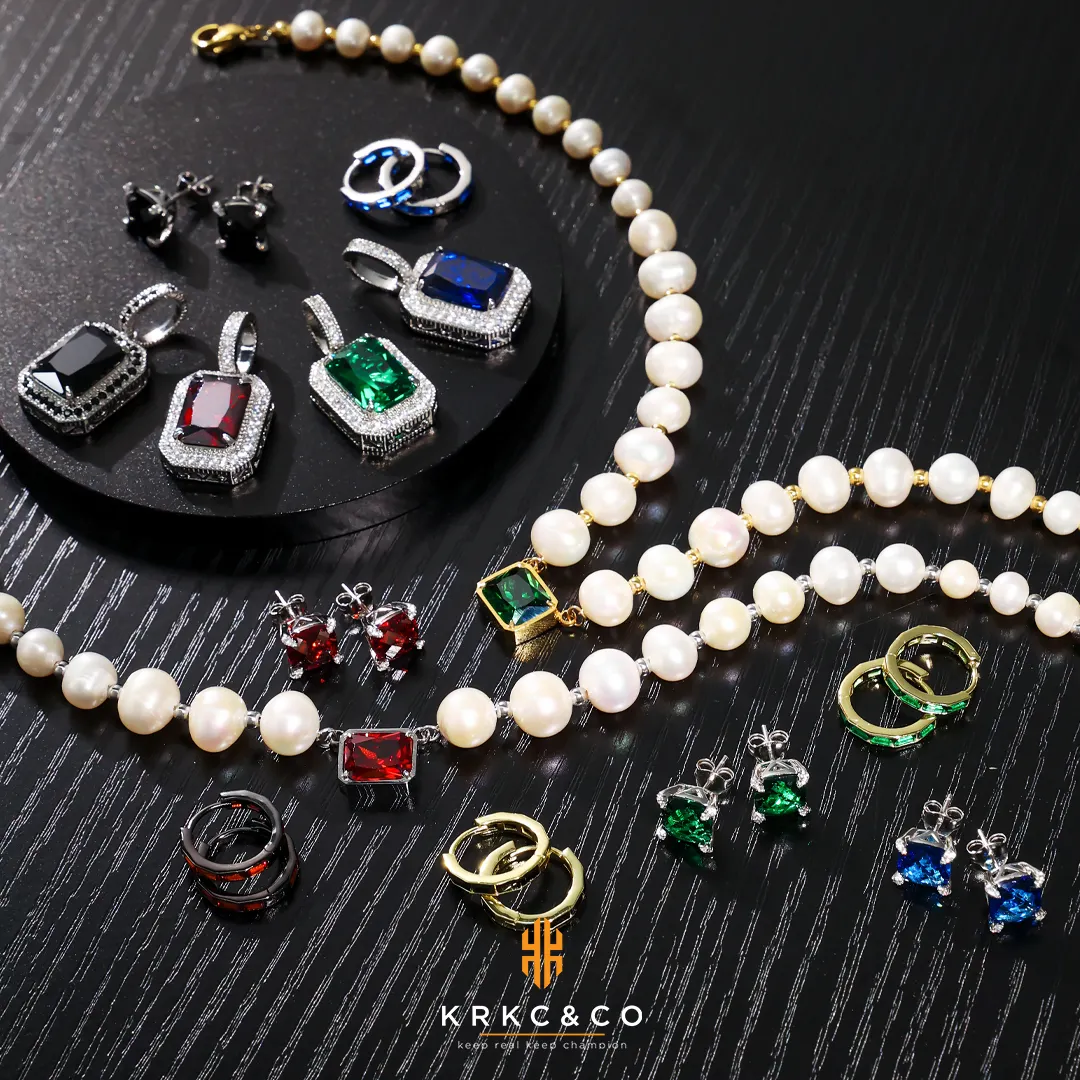 Krkc conjunto de joias, conjunto de brincos de argola com pedra rubi, pingente de pérola e colar para mulheres e homens
