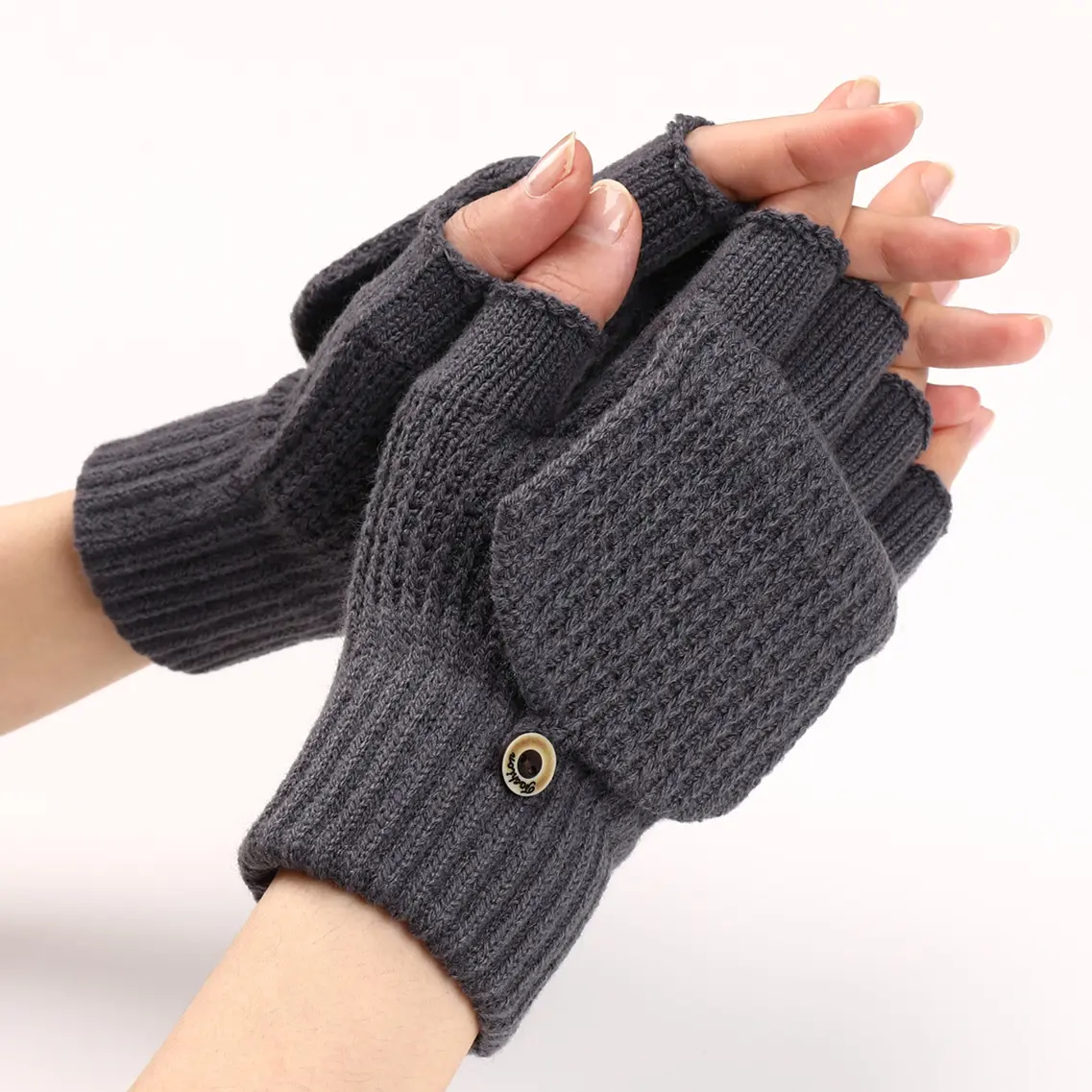 Nieuwe Mode 100% Acryl Zacht Warm Gebreide Cabriolet Wanten Handschoenen Met Flap Cover Voor Volwassen Vrouwen
