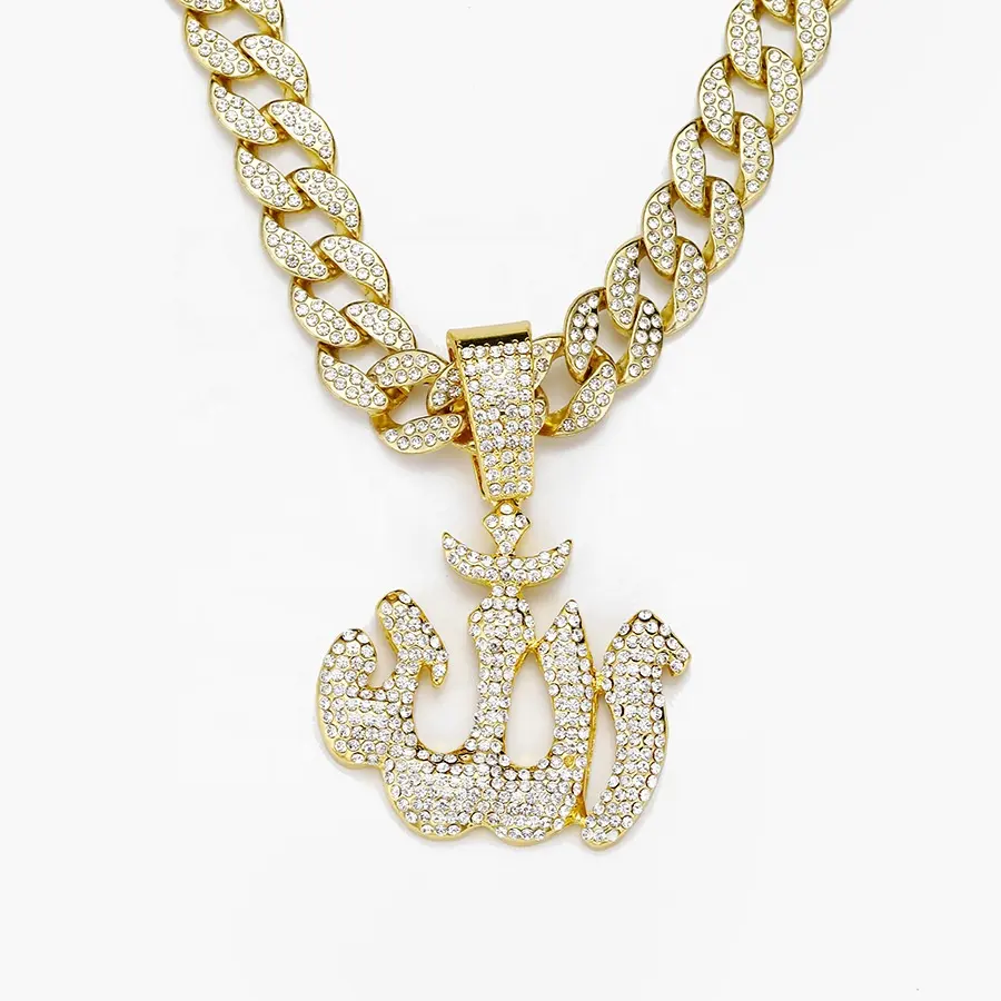 Cadena de eslabones cubanos de 15mm de ancho con aleación de Hip Hop y collar con colgante de símbolos árabes de diamantes de imitación ostentosos