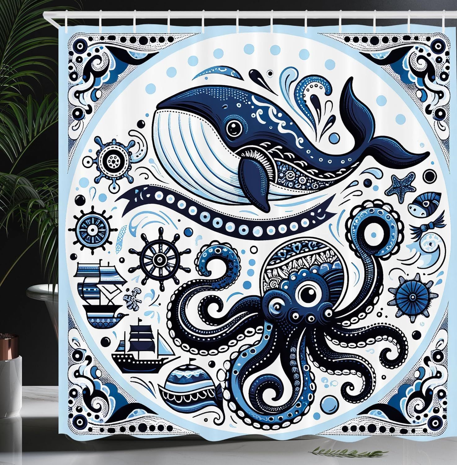 Azul marino y blanco
