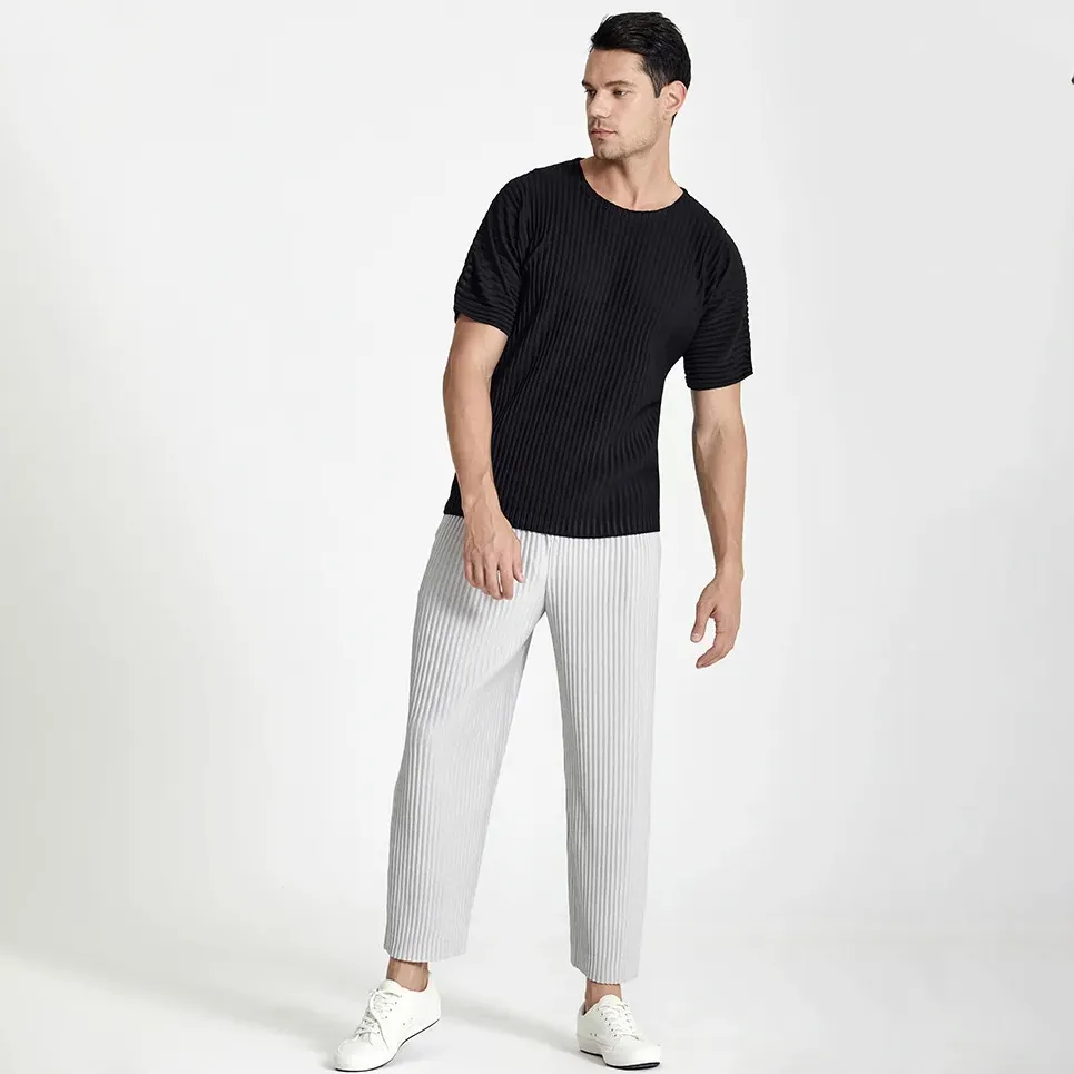 Pantalones plisados para Casual nueva moda suelta FitHigh Pantalones rectos elásticos simples pantalones de verano para hombres y pantalones