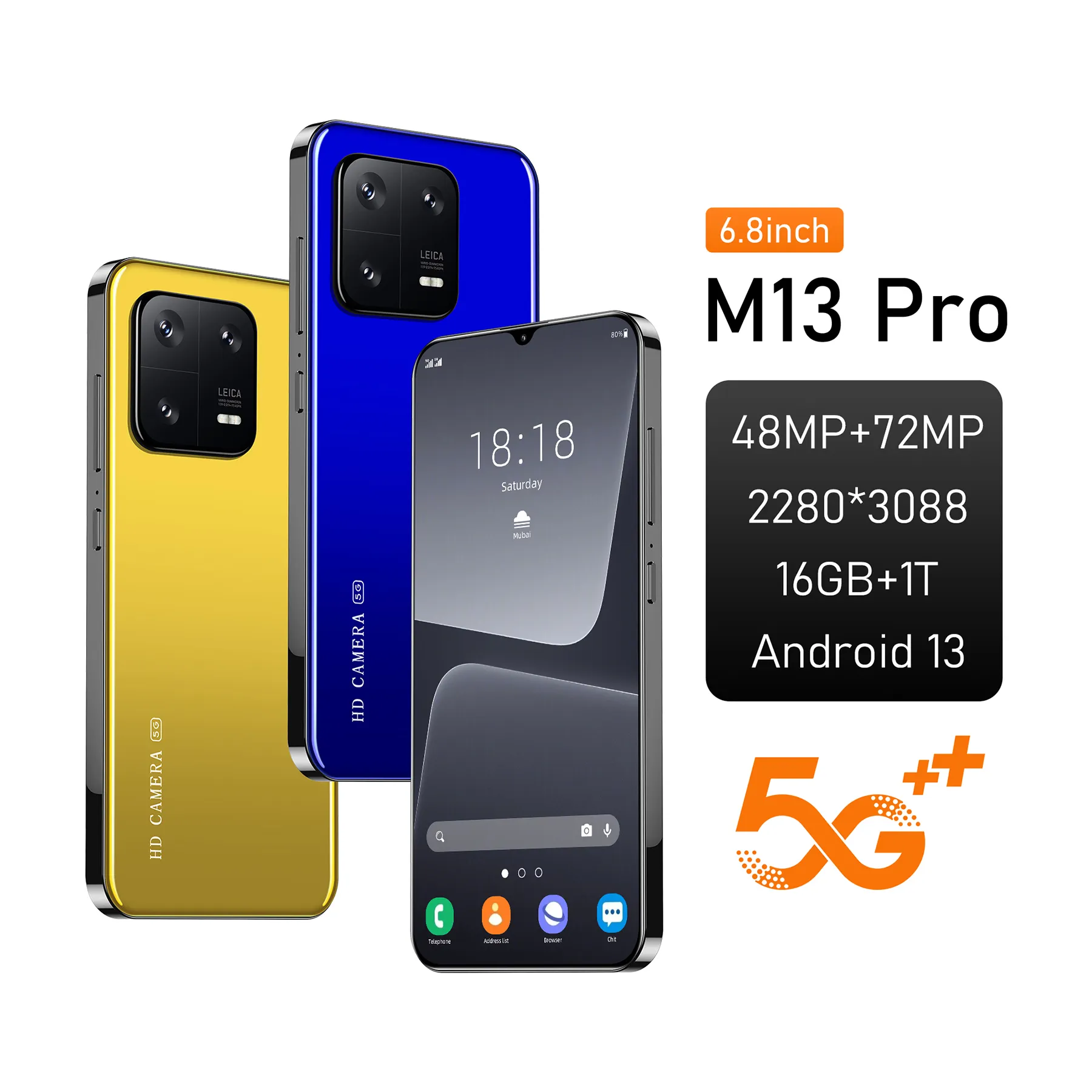 M13 Pro 7.3นิ้วสีเหลืองสีเขียวสีดำตัวเลือก16GB + 1TB 5G สมาร์ทโฟนแอนดรอยด์13เกมใหม่