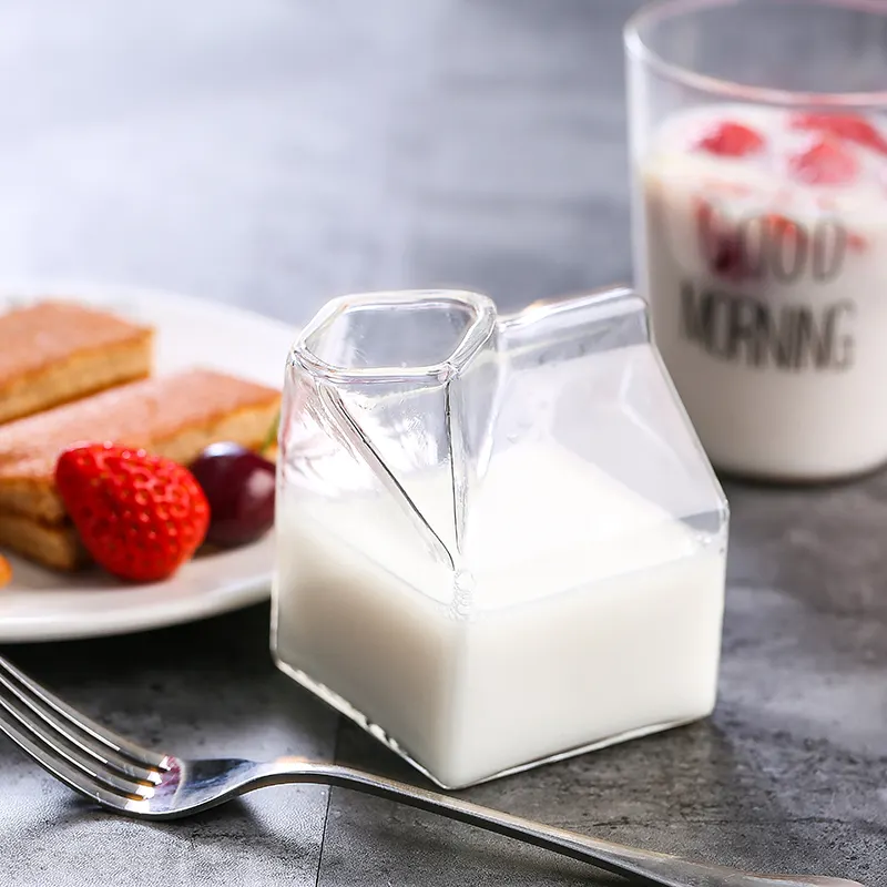 Copo de leite soprado à mão, copo quadrado para café da manhã em casa, copo transparente para cereal e leite para estudantes