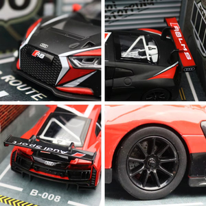 AODI โมเดลรถ1:24 R8 LMS, โมเดลรถของเล่นพร้อมแสงเสียงล้อดึงกลับเครื่องประดับที่สามารถเคลื่อนย้ายได้โมเดลโลหะสำหรับเด็ก