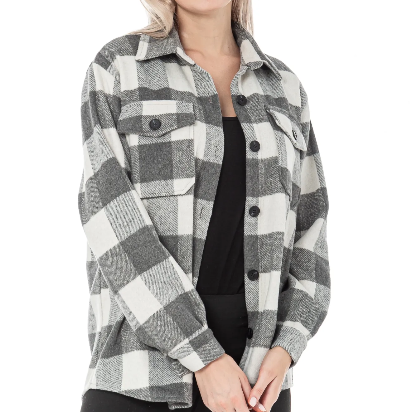 사용자 정의 여성 대형 플란넬 버팔로 격자 무늬 긴 소매 흰색과 검은 색 셔츠 까마귀 여성을위한 격자 무늬 재킷
