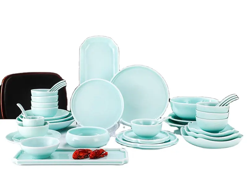 Ciotole e piatti serie celadon in porcellana bianca per hotel all'ingrosso piatti da tavola smaltati piatti in ceramica commerciale