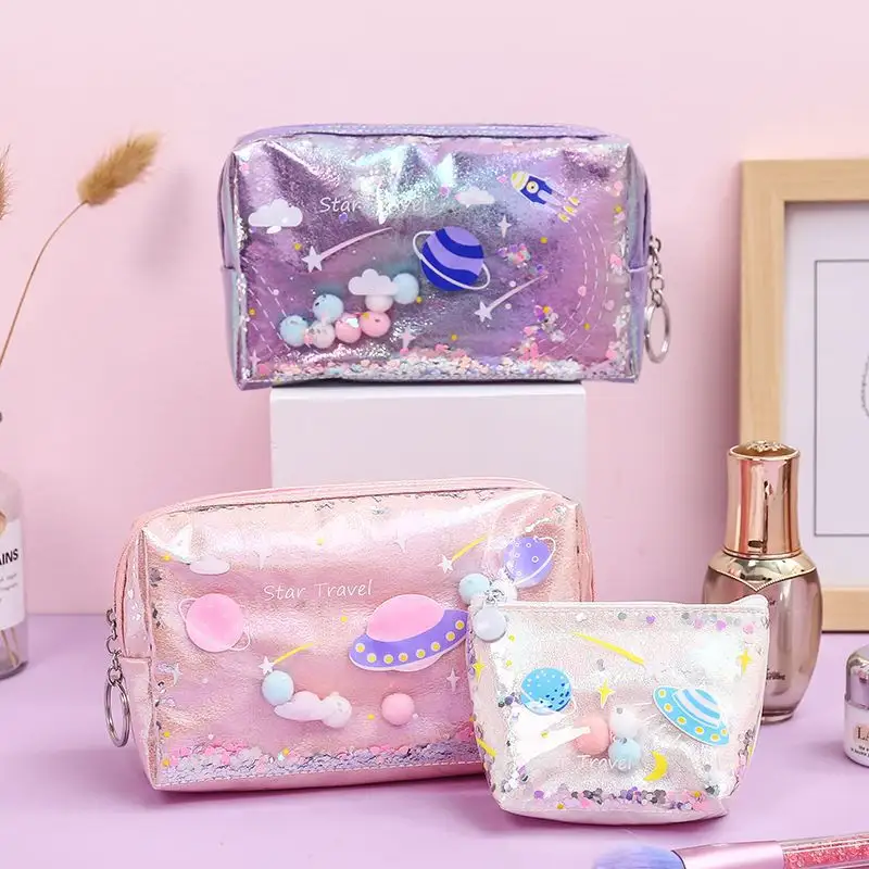 Fashion Mini Clutch Purse Holographic Small Makeup Zipper Pouch Cute Cartoon Girls Confetti Filled Sequin Travel Cosmetic Bag
