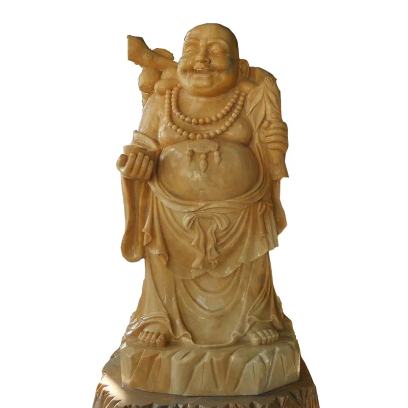 Venda quente Mármore Natural Sorriso Budas Escultura Pedra Amarela Buda Estátua para Jardim