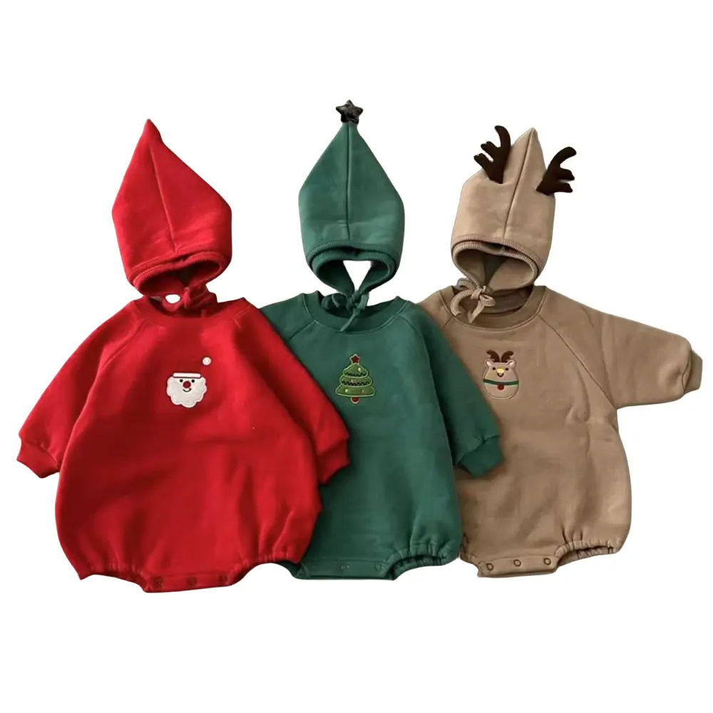 Neues Design Weihnachten Langarm Stram pler Baby Mädchen Sweatshirt Stram pler mit Hut Großhandel schöne Bodys für Baby