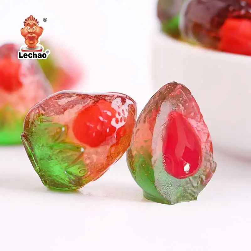 Proveedores de caramelos OEM, caramelos de goma rellenos en forma de fresa 4D, caramelos Halal personalizados