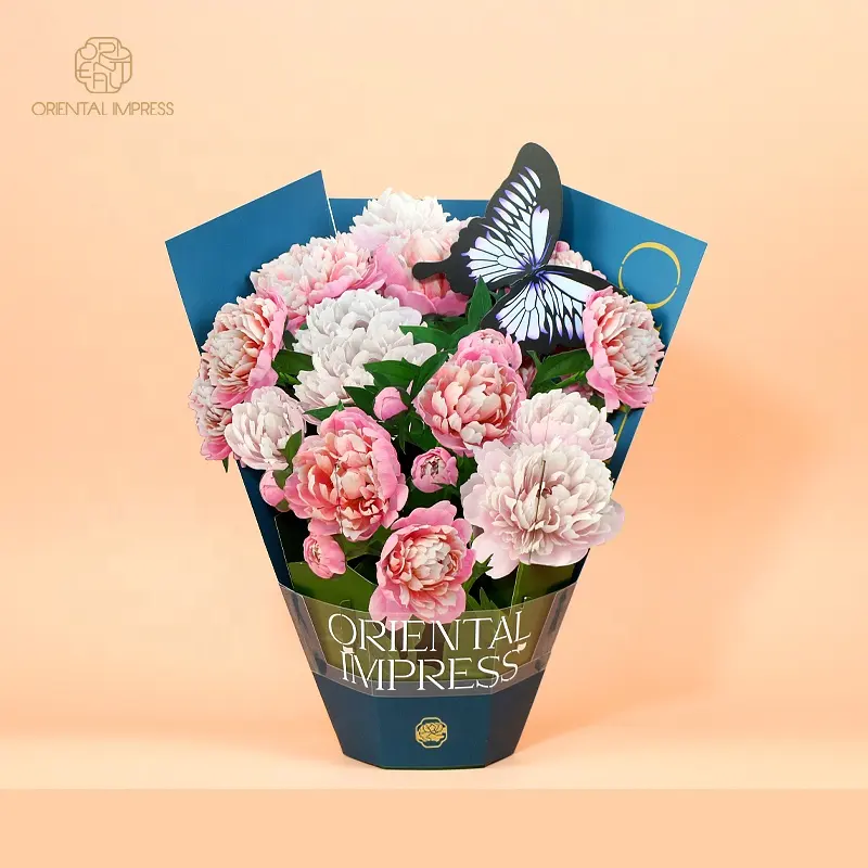 2024 nouveau Design Premium bouquet de fleurs Pop Up carte pivoine Pop Up carte de voeux avec enveloppe