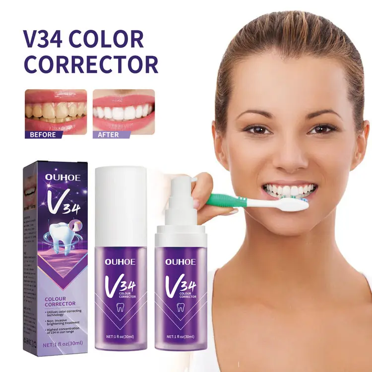 Corrector de color V34 de alta calidad, elimina las manchas amarillas, aclara los dientes, blanqueador de dientes, pasta de dientes