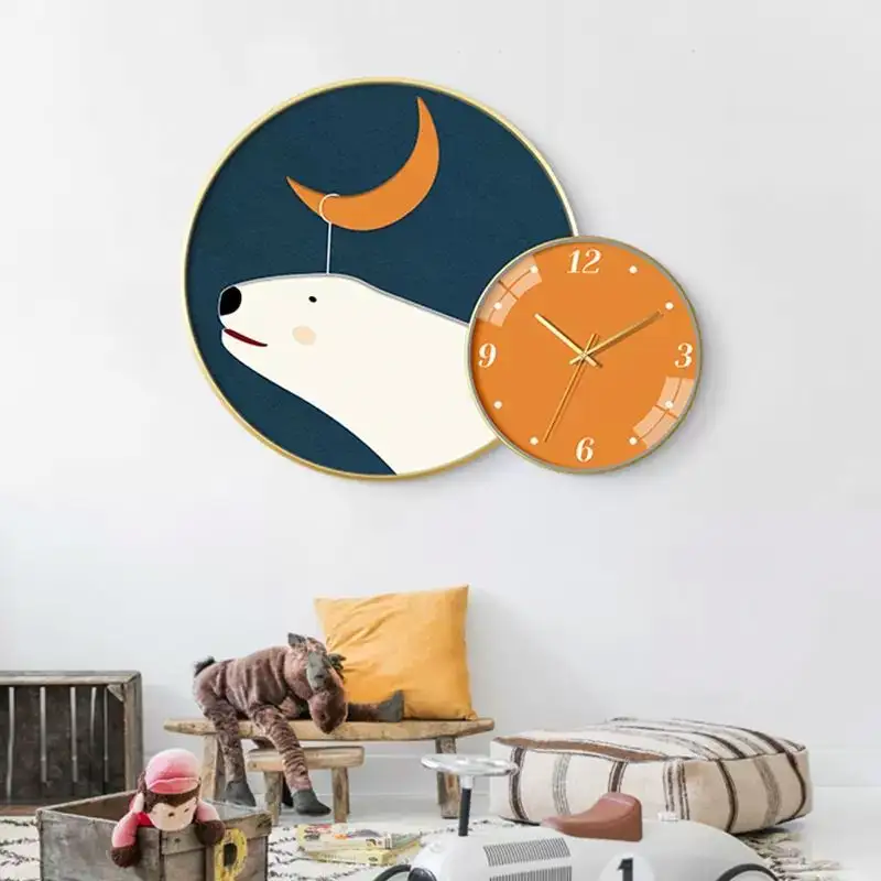 Linda imagen de dibujos animados de animales Reloj de pared de pintura decorativa circular simple moderno