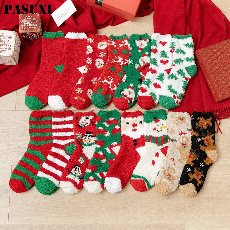 Pasuxi Bán Buôn Mới Đến Giáng Sinh Người Tuyết Santa Claus Dệt Kim Stocking May Mắn Màu Đỏ Phim Hoạt Hình Giáng Sinh Stocking 12 Cặp Trong Hộp