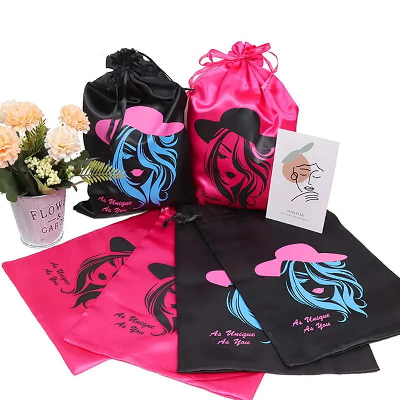 Perruque sacs d'emballage logo personnalisé sacs en satin de soie pour faisceaux de cheveux