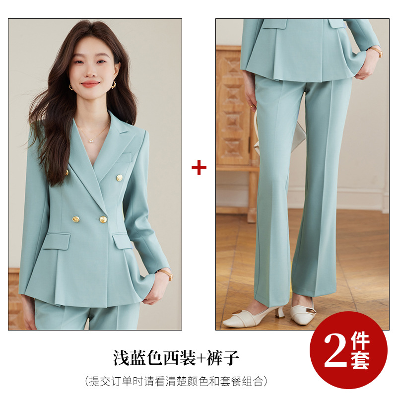 Light blue suit with slightly flared trousers