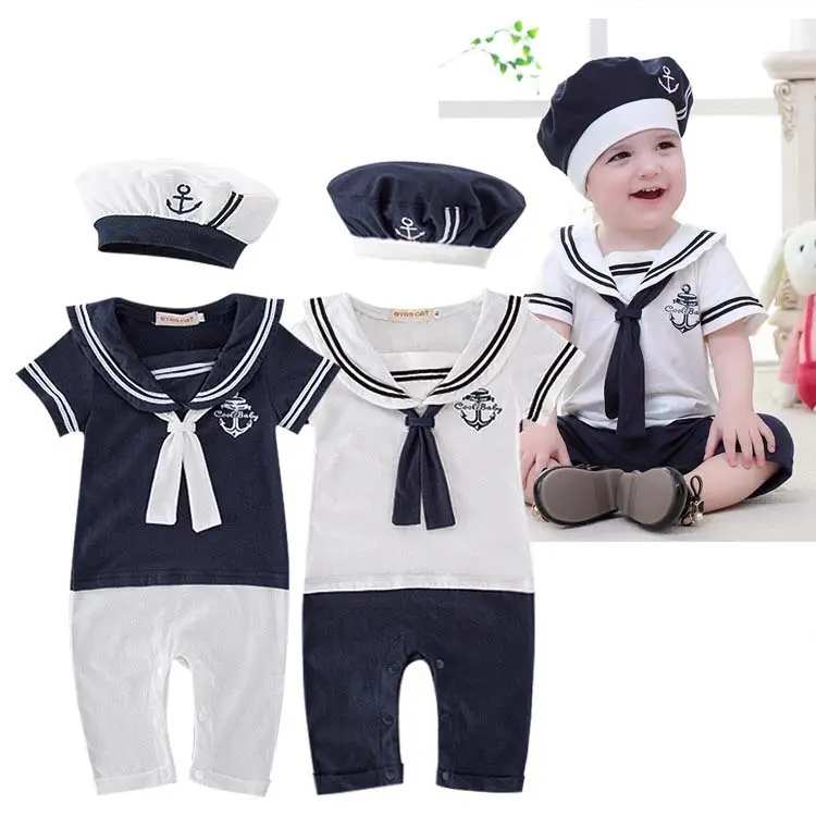 Moda verano estilo marino ropa bebé niños marinero disfraz con sombrero para 0-2 años de edad