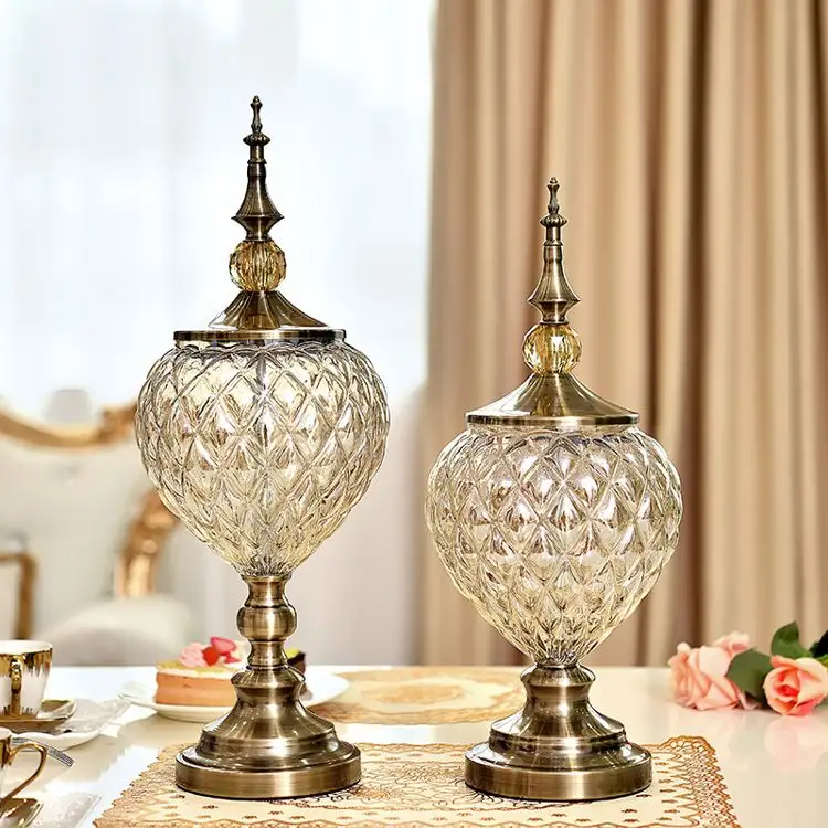 Vasos decorativos de vidrio, vasos de vidro de mesa retrô luxuosos nórdicos com tampa