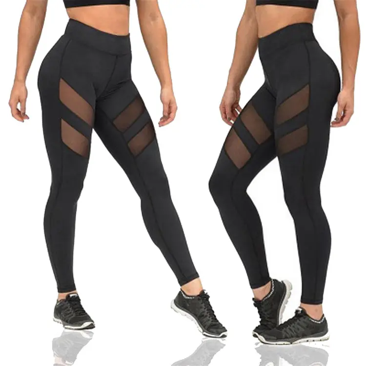 Calça de academia respirável, para corrida, fitness, cintura alta, malha lisa, com malha