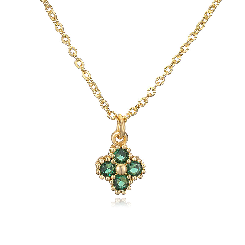 Collier trèfle à quatre feuilles en diamant vert doré avec mot en O