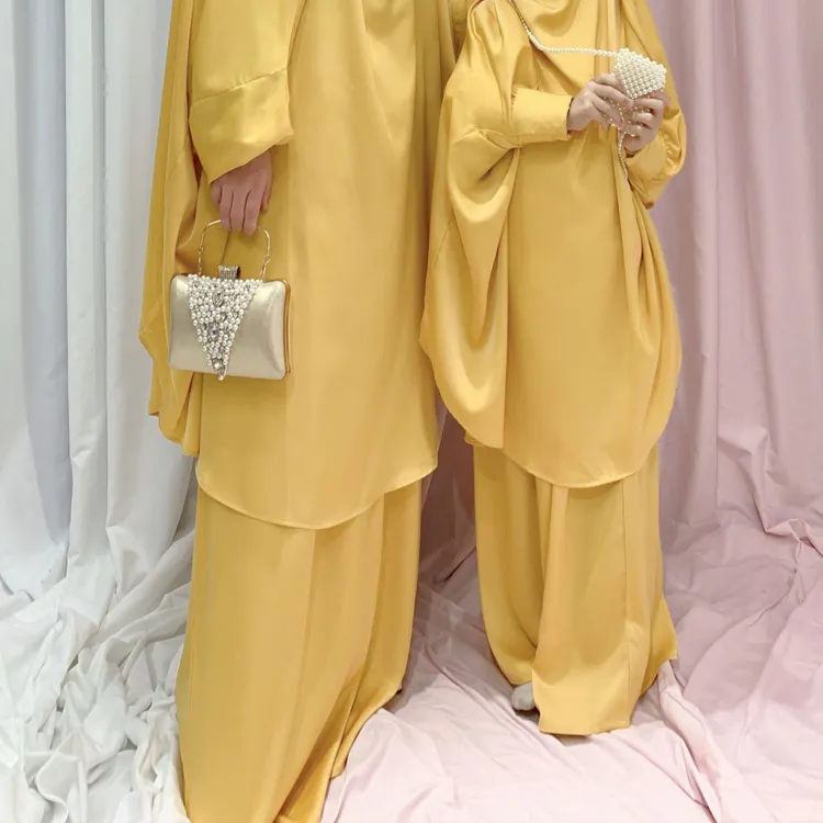 Ropa islámica para mamá y yo, vestido de satén Abaya con Hjiab Niqab, caftán, falda, traje