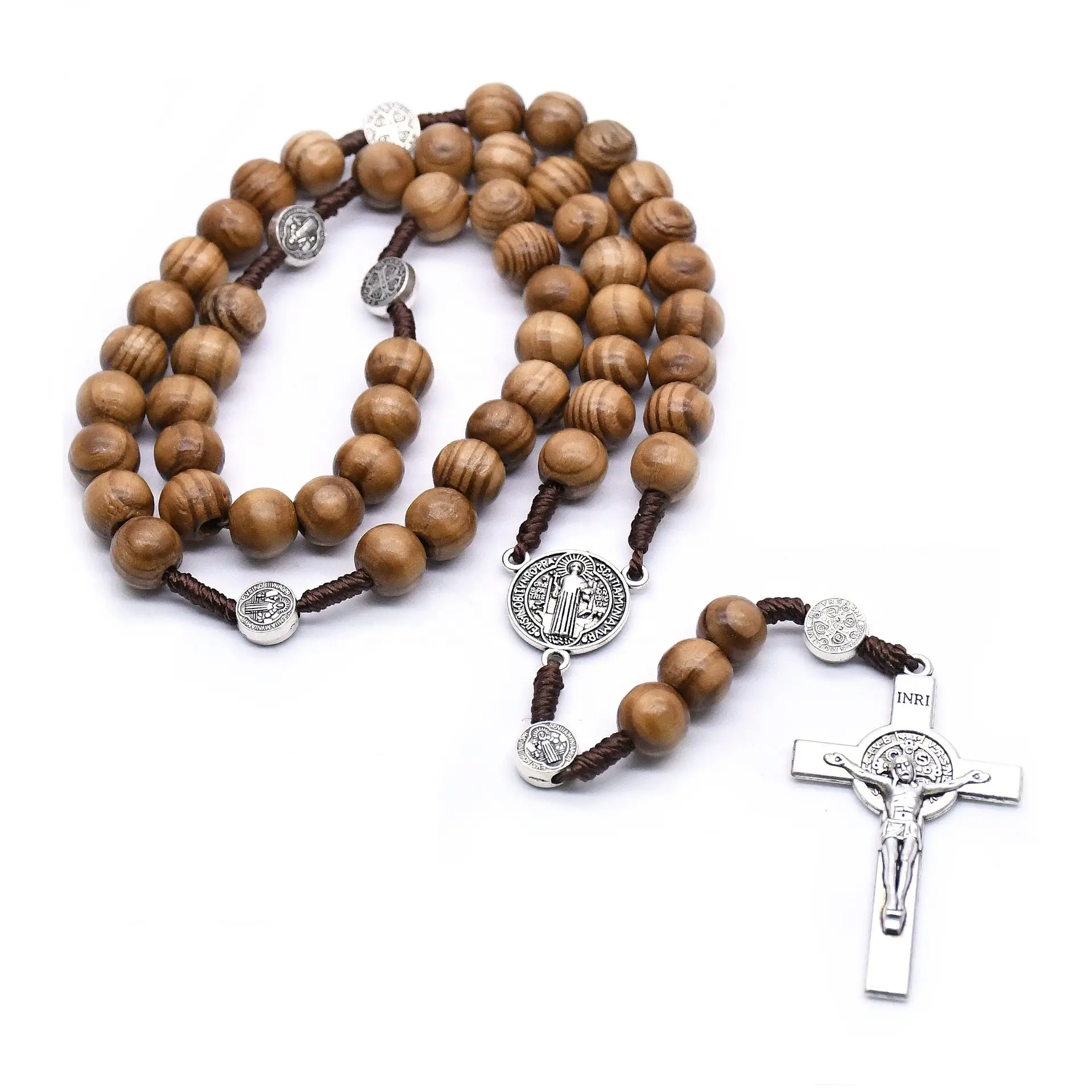 Kalung tasbih kayu hadiah Katolik manik-manik doa keagamaan kalung emas salib kayu rantai manik-manik antik berlapis Silve