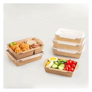 定制标志印刷一次性牛皮纸食品容器带宠物盖矩形沙拉盒带2室分隔室 - Product Image 3