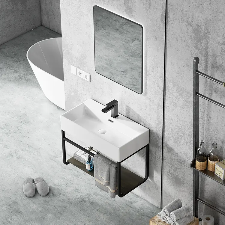 Commercio all'ingrosso 28 "lavabo da bagno rettangolare moderno in ceramica lavabo lavabo sospeso a parete