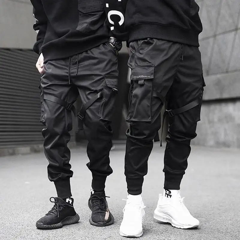 Streetwear 2023 Hip Pockets Track Pants Male Harajuku Trousers Ribbons Harem Joggers Men Cargo Pants