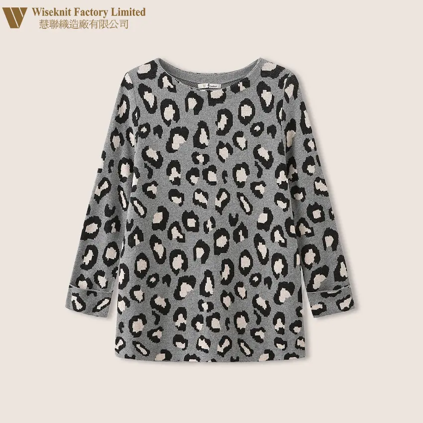 Leoparden muster Korea Mode Damen Vintage Pullover O-Ausschnitt Jacquard Transfer druck Frauen Leopard Sweater Casual Langarm
