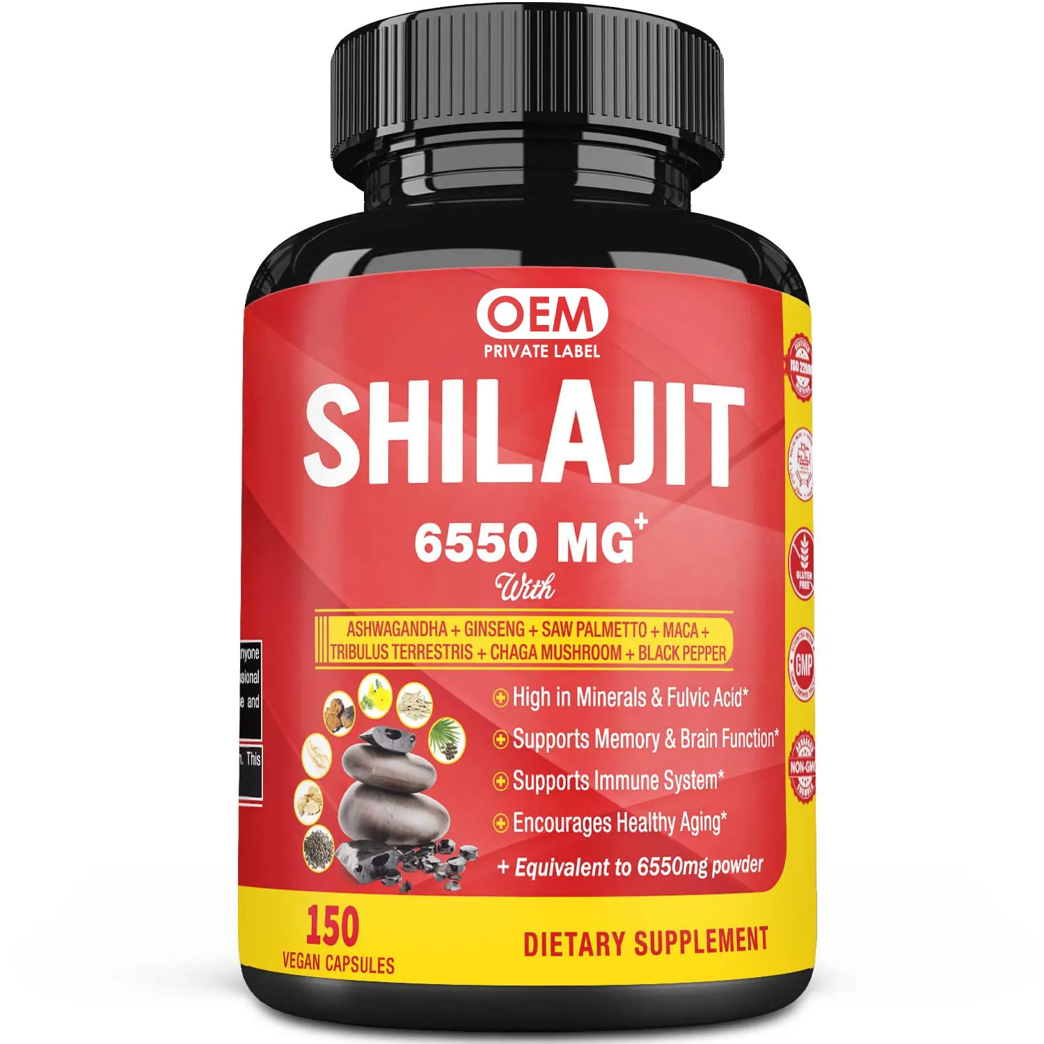 OEM Ashwagandha- und Shilajit-Extrakt-Supplement 6550 mg Himalaya-Shilajit-Harz-Kapseln mit 85+ Spurmineralien Immungesundheit