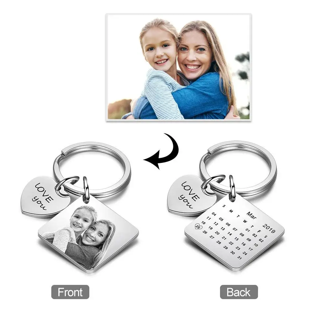 Porte-clés en acier inoxydable pour femmes et hommes, gravé, personnalisé, calendrier, Date, Photo, cœur, pendentif carré