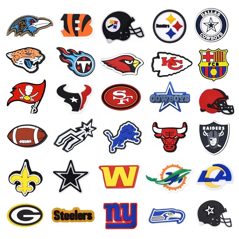 Charme de sapato em PVC para amantes de futebol, time esportivo da NFL, Redskins, Charme de logotipo do time de basquete, beisebol e Raider, ideal para amantes de bola