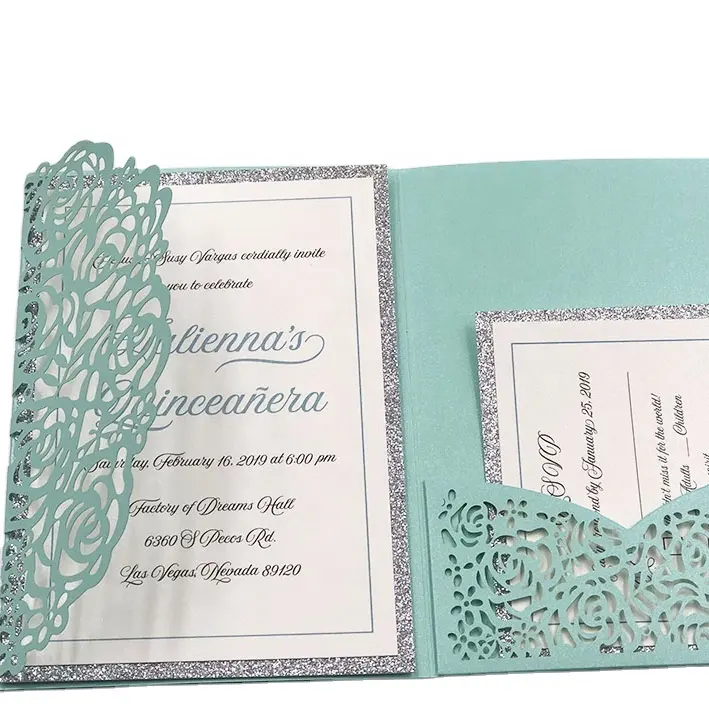 Tarjeta de invitación de boda, bolsillo azul marino elegante, 5x7, corte láser, rosa, trifold, tarjetas de felicitación para decoración de fiesta