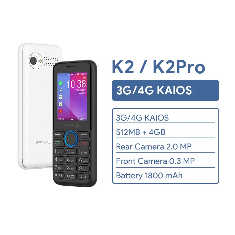 Ipro k2 pro com kaios 2.4 polegadas telefone, 4g with1800mah, bateria grande 0.3mp + 2.0mp dual câmera e lanterna smartphone