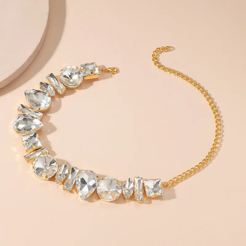 Cadena de cobre con hebilla de cristal de 25 + 14,5 cm, diamantes de imitación de cristal, joyería de moda, Gargantilla, collares geométricos, cadena para mujer