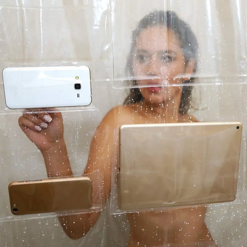 Doublure de rideau de douche de salle de bain EVA transparente avec poches solides pour téléphones portables et tablettes doublure de douche en plastique PVC étanche