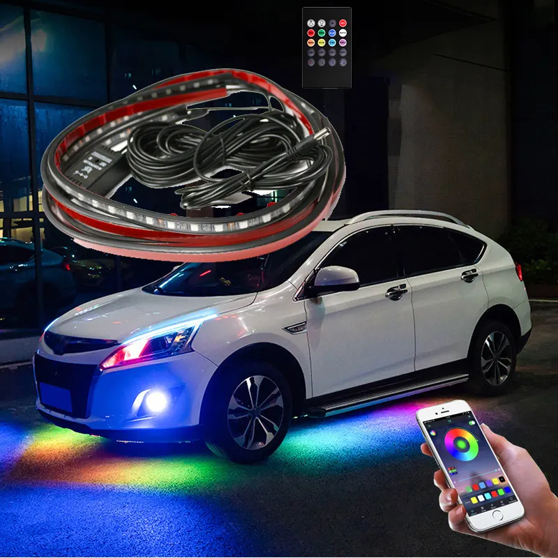 Tira flexible de luces LED RGB con Control remoto por voz para Chasis de coche, luz ambiental para debajo del cuerpo, 4 unidades