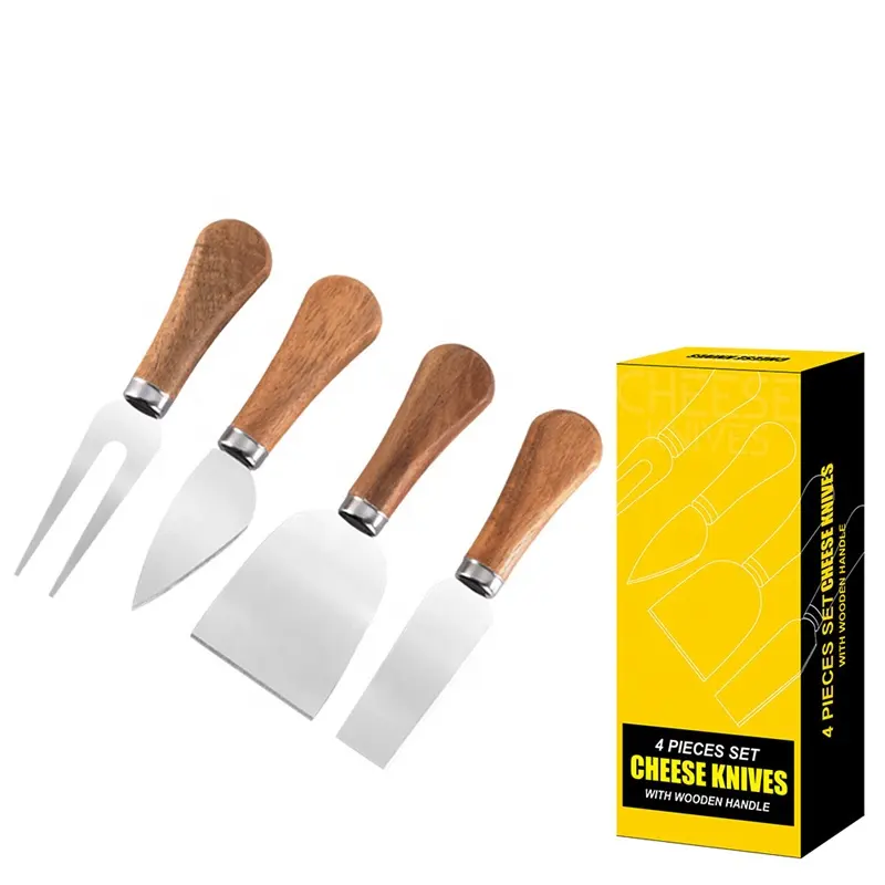 Juego de Mini cuchillos de acero inoxidable para queso con mango de madera de Acacia, 4 unidades