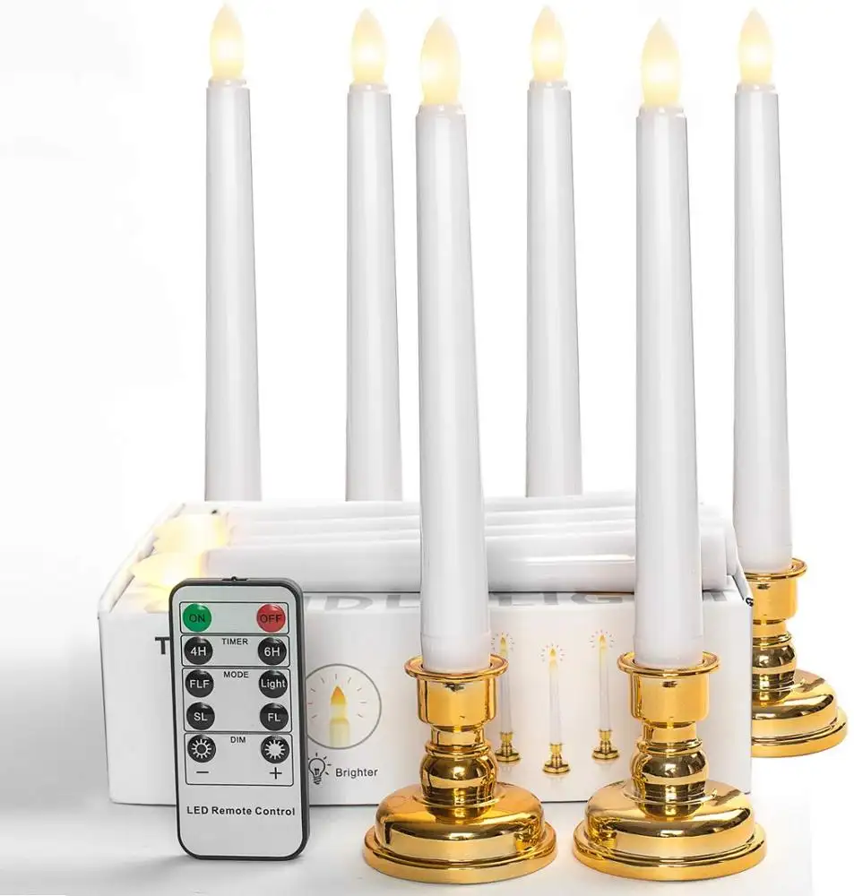 Set di 6 Senza Fiamma Battery Operated LED Cono Bianco Finestra Candele con Timer, rimovibile Oro Stand Candela Con Telecomando