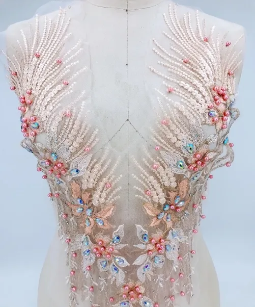 Yüksek kaliteli 3d dantel rhinestone çiçek aplike dantel nakış 3D çiçek dantel gelin elbise, yanılsama elbisesi, haute Couture