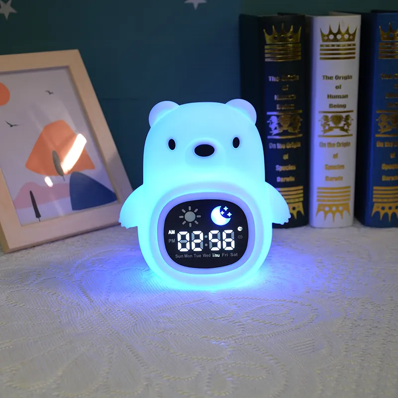 Reloj con luz de neón con forma de oso al por mayor, sistema de calendario, reloj para habitación de bebé, lámpara para chico, entrenador de sueño, reloj despertador para escritorio y Mesa