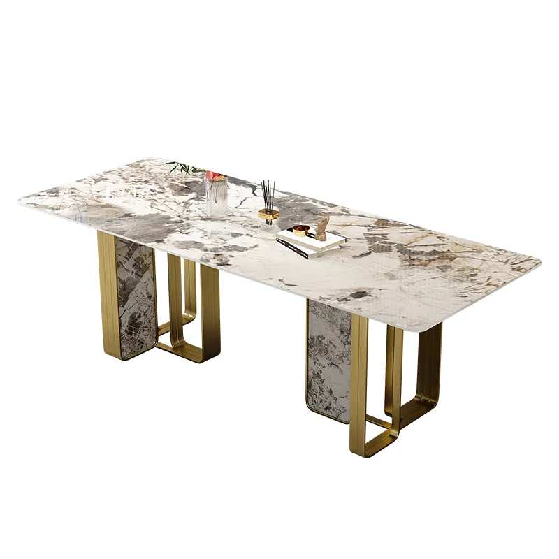 Mesas de comedor de granito y mármol de estilo italiano, sillas de cuero, muebles de comedor de lujo, juego de mesas de comedor con patas de madera