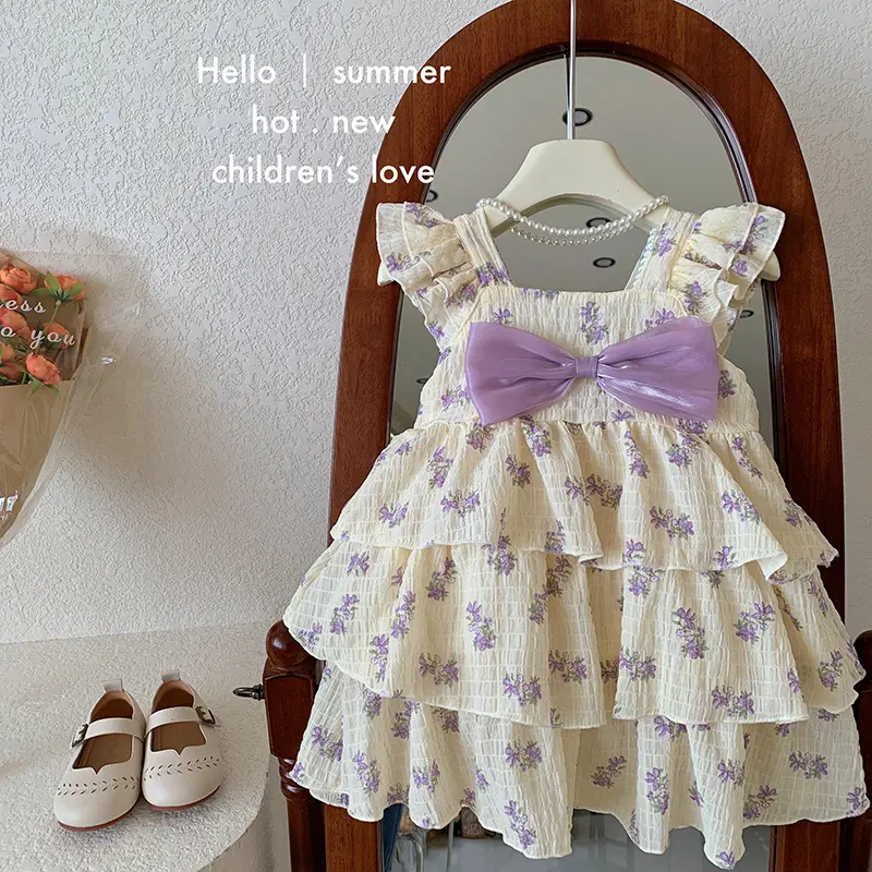 Nuovo ingrosso estivo dolce fiocco floreale Cake Dress Chiffon 90-130cm Baby Dress bambina abbigliamento