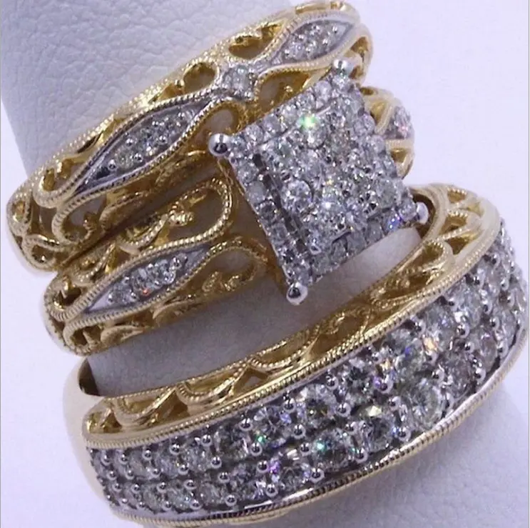 Nuevo último diseño hueco mujeres 3 unids/set cristal dedo conjunto oro plata Color cúbico anillo de compromiso