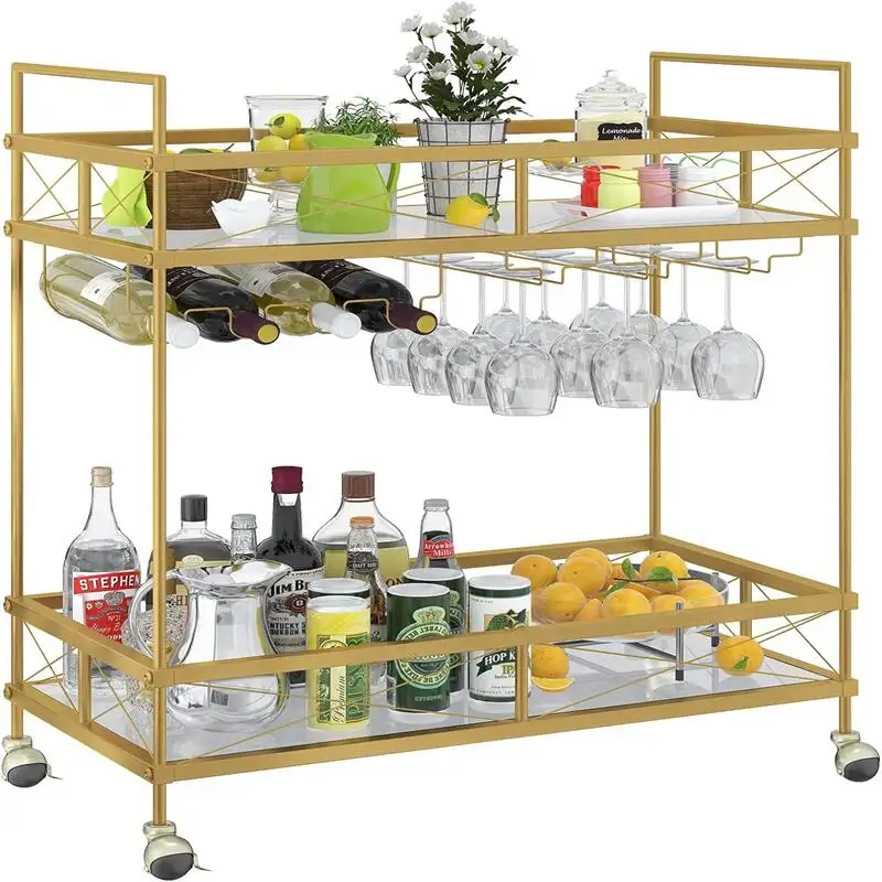 Venta al por mayor Tiers Hotel Luxury Gold Metal Frame Serving Bar Carros Serving Trolley Bar Cart Metal