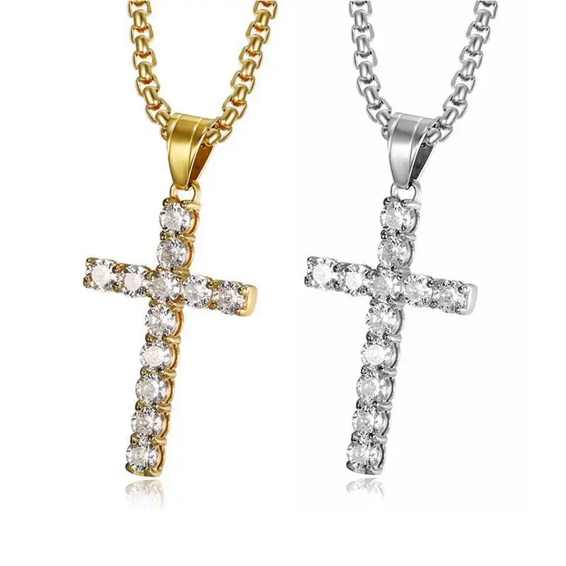 Small 18k Gold Plated Stainless Steel Jewelry Iced Out Zircon Diamond Crystal Cross Pendant Necklace